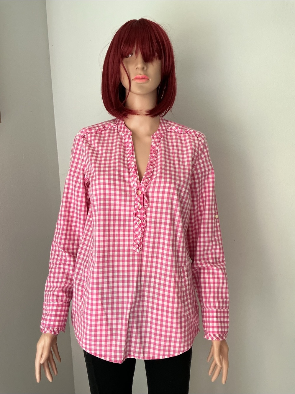 Banana Republic Pink Gingham Ruffle V-Neck Blouse S